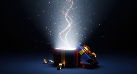 Magical gift box emitting light and sparkles in dark setting  