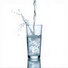 Water pouring into glass with splashes on white background  