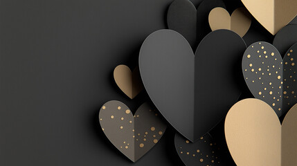 A modern composition of textured hearts in black, gold, and brown, set against a dark background, creating a stylish and elegant visual.
