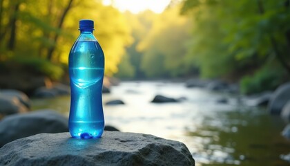 Bottle of water on rock near river in forest during daytime  