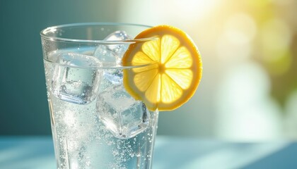 Refreshing glass of sparkling water with lemon slice and ice cubes  
