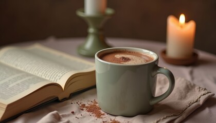 Warm cup of cocoa beside open book and candles on table  