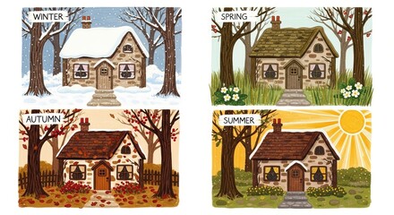 Seasonal cottage illustrations depicting winter, spring, summer, autumn  