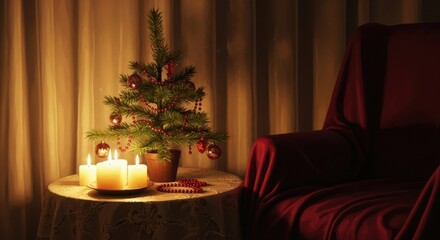 Cozy Christmas setting with small tree and candles by an armchair  