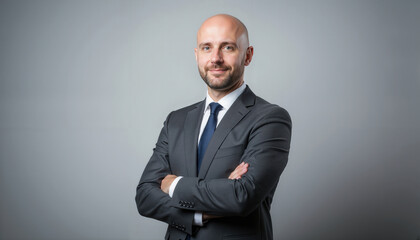 Confident businessman in suit smiling with arms crossed on gray background  