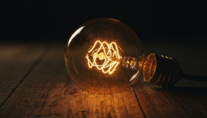 Vintage light bulb glowing on wooden surface in low light setting  