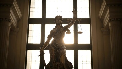 Statue of Lady Justice holding scales and sword in backlit setting  