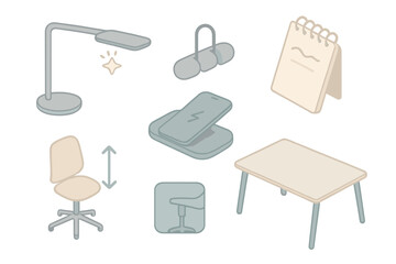 Home Office Essentials. Isometric vector illustration set of home office essentials: lamp with adjustable brightness, cord tiding