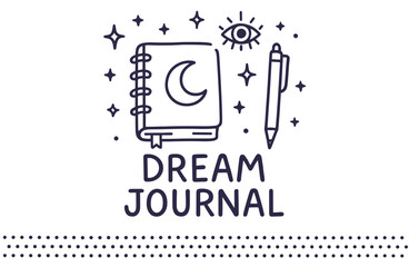 Hand-drawn dream journal with moon, stars, eye, and pen