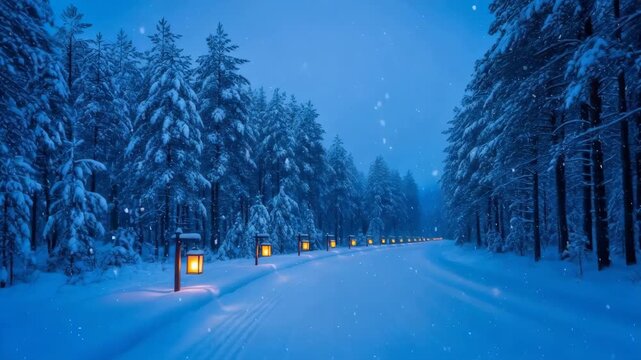 Winter snowy forest road with glowing lantern illumination. Beautiful cold season landscape for Yule greeting card, Christmas.