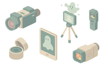 Ghost Hunting Equipment Icons. Isometric vector illustration set Ghost photography evidence analysis toolkit: infrared camera with