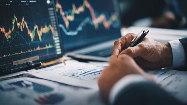 Financial advisor dynamically adjusting portfolio allocations while discussing market fluctuations during a client meeting emphasizing realtime decision making.