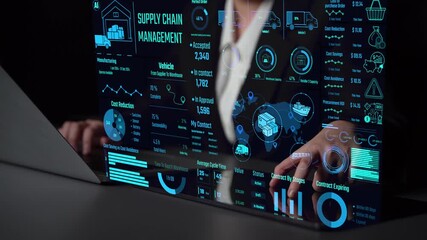 Supply chain management interface showing delivery routes, warehouse efficiency, cost savings, vehicle tracking, procurement ROI, and contract stages. Futuristic supply chain monitoring system. Thunk - Powered by Adobe