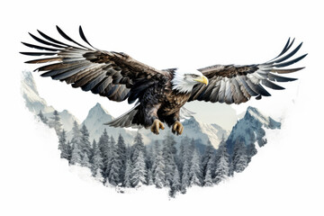 Majestic eagle soaring over a serene mountain landscape with pine trees and snowy peaks in the background