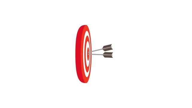 Arrow hitting bullseye on dartboard animation from side view with 2 arrows on target on white background and green screen. 4K animated for success achievement, business goals, and motion graphics.