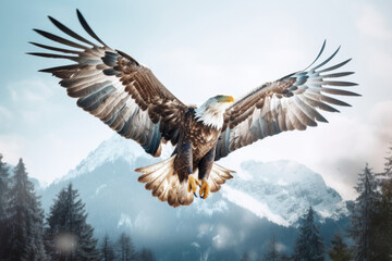 Majestic eagle soaring through a snowy mountain landscape with a backdrop of towering trees and a clear blue sky