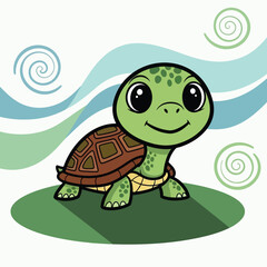 Happy cartoon turtle on green grass with blue swirls
