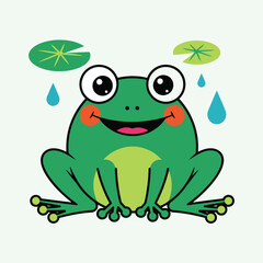 Happy cartoon frog sitting peacefully with rain and lily pads
