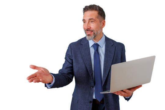 Professional businessman presenting ideas, holding laptop and gesturing with open hand, confident speaker on transparent background - Powered by Adobe