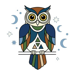 Colorful owl illustration with moon and stars