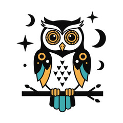 Stylized owl illustration with mystical moon and stars