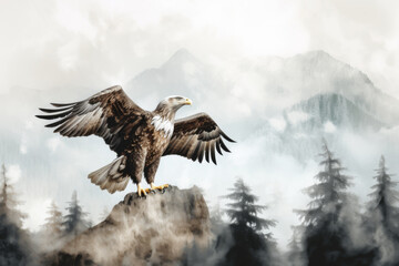 Majestic eagle stands on a rock with outstretched wings overlooking misty mountains and pine trees