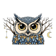 Mystical owl with big eyes and crescent moon decoration