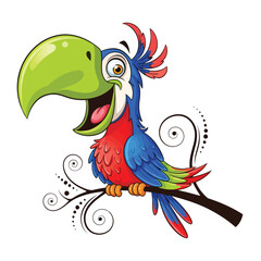 Colorful cartoon parrot perched on branch with decorative swirls