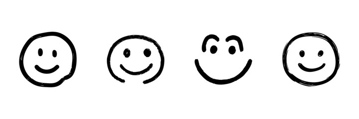 Fototapeta premium Smiley Face Line Icon Set In Doodle Style. Happiness, Positivity, And Emotional Expression Outline Sketch Collection. Hand Drawn Isolated Vector Illustration