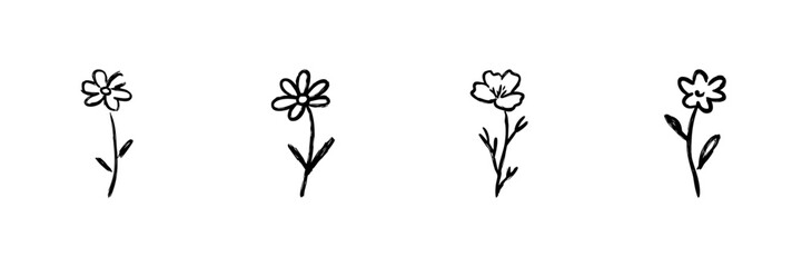 Simple Flower Line Icon Set In Doodle Style. Nature, Botanical, And Floral Design Elements Outline Sketch Collection. Hand Drawn Isolated Vector Illustration