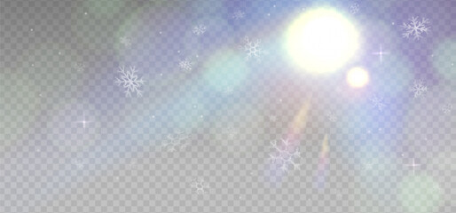 Delicate winter sunny day with Warm White sun light flares with transparent sparkle effects and snowflakes. Overlay snowfall background. Vector