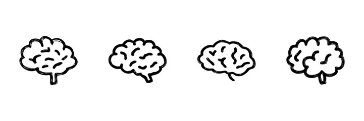 Four Brain Line Icons In Doodle Style. Cognitive Function, Intelligence, And Mental Health Outline Sketch Collection. Neuroscience And Psychology Concepts. Hand Drawn Isolated Vector Illustration