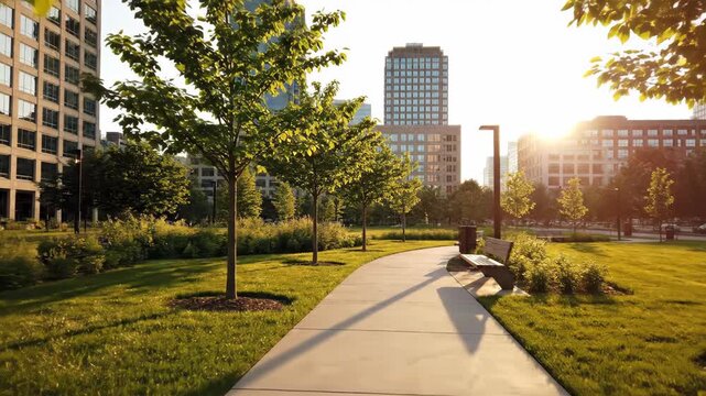 Concrete path winding through lush green park with trees and city buildings in background on a sunny day, showcasing urban green space.