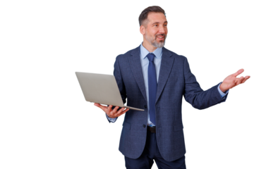 Businessman giving presentation holding laptop and gesturing, explaining idea or strategy, transparent background
