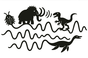 Ancient Echoes Doodle. Playful doodle vector of ancient creatures’ silhouettes forming musical echoes from reconstructed