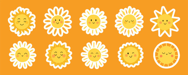 Cute Sun Sticker Collection with Smiling Faces and Different Rays Playful Sunshine Icons on Orange Background