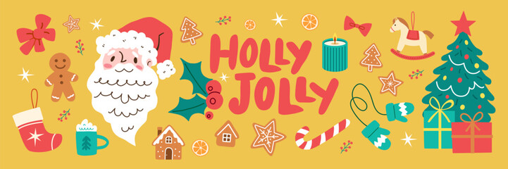 Christmas illustration with Santa Claus, Christmas tree, gifts, stockings and festive holiday icons in a bright seasonal composition