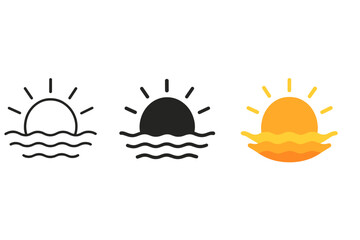 Yolk’s Sunrise Styles. Sunrise over horizon stylized as a giant egg yolk casting warm light, first in line style with thin outline