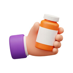 3D hand holding orange pill bottle with blank label and white cap, medicine container icon for pharmacy, healthcare prescription