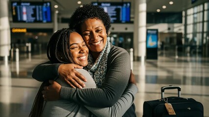 joyful reunion between traveling mother and her collegeaged daughter