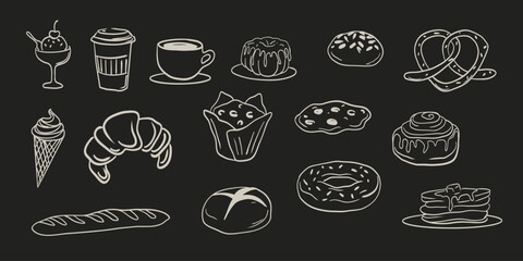 Hand drawn bakery and coffee set with desserts, bread, donuts, croissants, pretzels, and hot drinks. Perfect for menu design, branding, and bakery packaging. Vector illustration.