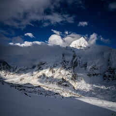 The highest mount in the world, Everest, and peaks nearby, over huge Khumbu glacier. View from Kala Patthar slope. Everest base camp trekking, Nepal.