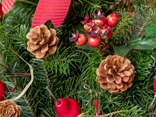 natural spruce branches decorated with pine cones