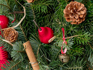 natural spruce branches decorated with pine cones