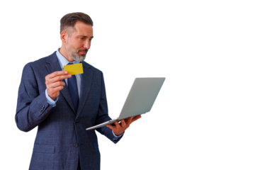 Businessman making online shopping payment by credit card using laptop, modern e-commerce transaction concept
