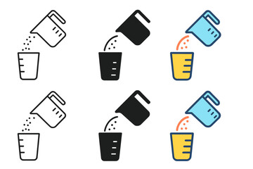Animated Recipe Measuring. Cup with ingredients being measured and poured with animated arcs, first in line style with thin