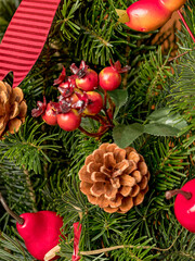 natural spruce branches decorated with pine cones
