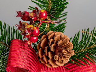 natural spruce branches decorated with pine cones