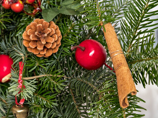 natural spruce branches decorated with pine cones