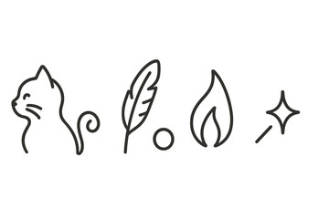 Fototapeta premium Graceful Line Icons. Line style vector icons of gentle whisker quill fire: smooth cat contour, looping tail tip, fine feather